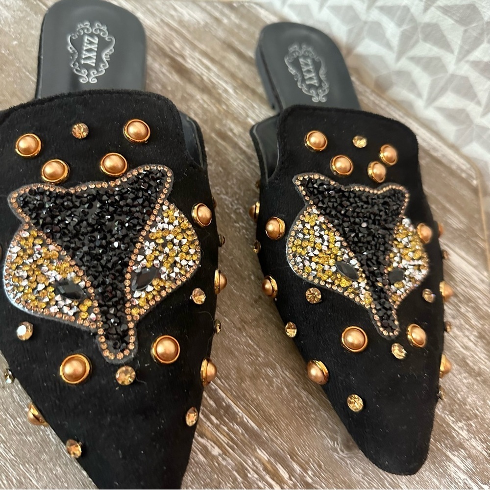 Fox Stud Pointy Toe Mules Flats Slides Black Rhinestones Crystals Size 9 41 - Picture 3 of 7
